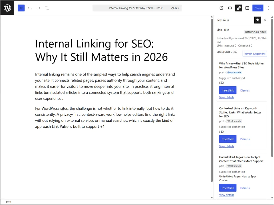 Link Pulse sidebar in the WordPress block editor showing ranked internal link suggestions with Strong match badges
